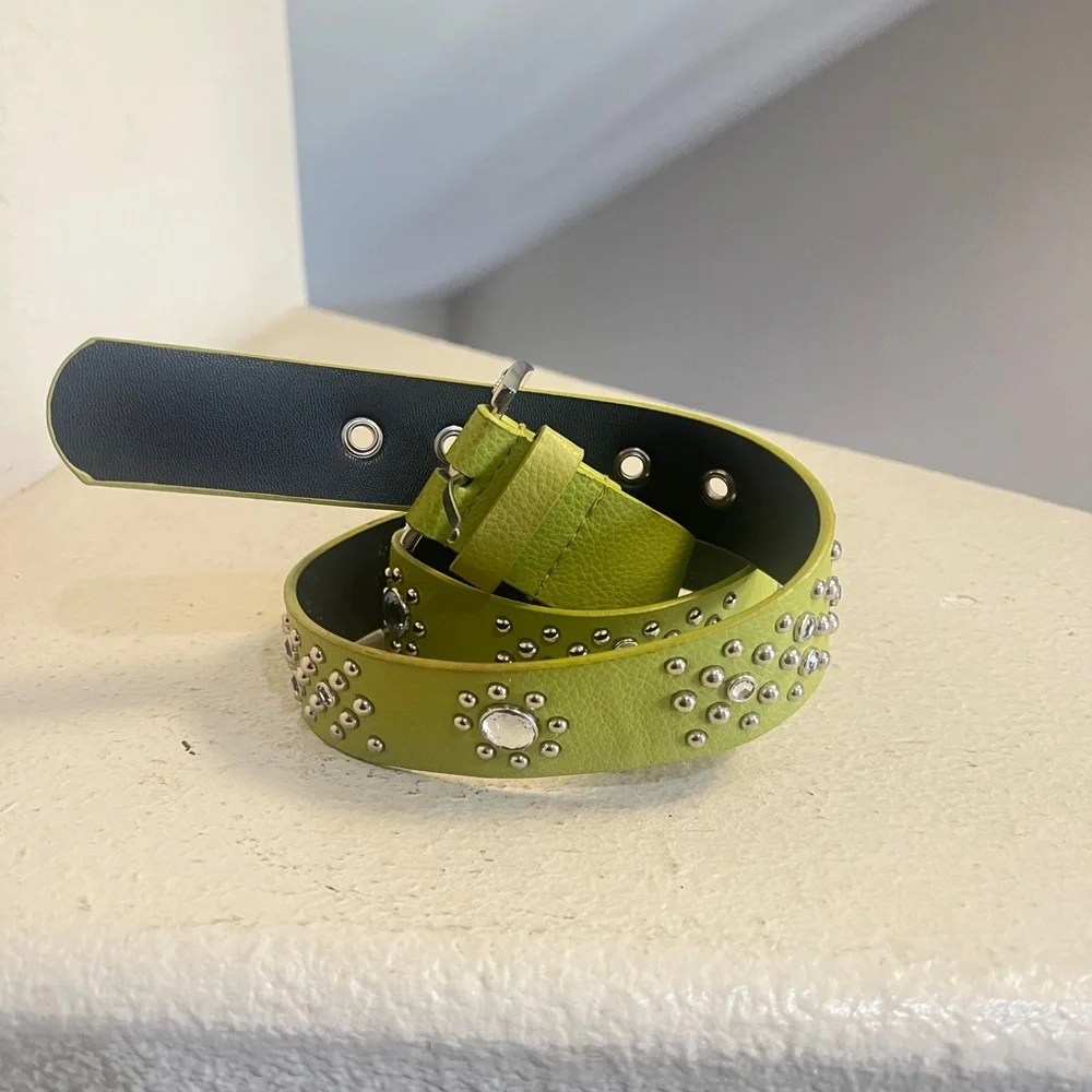 Lime Green Crystals Studded Blings Leather Belt Western‎ Boho Festive Medium